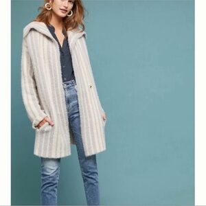 Moth by Anthropologie Wool/Alpaca Cream and Gray Striped Eyelash Cardigan Coat